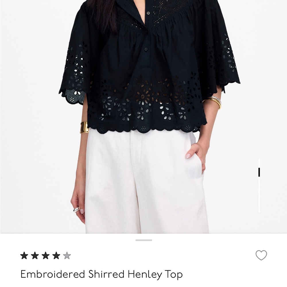 Madewell Black Embroidered Shirred Henley Top